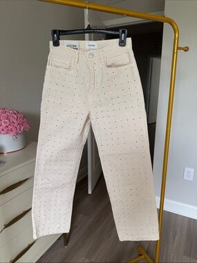 Frame Denim Straight-Leg Studded Cream Jeans